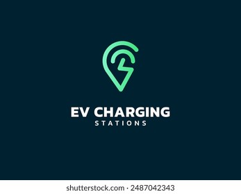 Electric vehicle charging with lightning bolt in Location Point symbols logo vector design concept.  EV charging logotype symbol for Electric Car, EV station, ui, business, identity, company, tech.