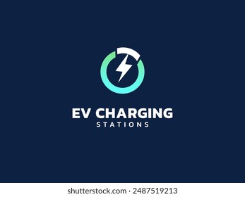 Electric vehicle charging with lightning bolt symbol in circle logo vector design concept. EV charging logotype symbol for Electric Car, EV station, ui, business, infographic, tech, clean energy, web.