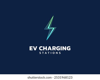 Carregamento de veículo elétrico com raio holograma linhas símbolo logotipo vetor conceito de design. Símbolo de logotipo de carregamento de VE para carro elétrico, estação de VE, ui, negócios, infográfico, web, energia limpa.
