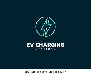 Carregamento de veículo elétrico com raio símbolo de linhas de parafuso em círculo logotipo vetor conceito de design. Símbolo de logotipo de carregamento de VE para carro elétrico, estação de VE, ui, negócios, infográfico, energia limpa, tecnologia