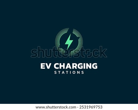 Electric vehicle charging with lightning bolt symbol overlapping in Concentric circles radial lineslogo vector design concept. EV charging logotype symbol for Electric Car, EV station, ui, infographic