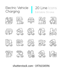 Electric vehicle charging linear icons set. Portable charging station for elctromobile. Eco cars. Customizable thin line contour symbols. Isolated vector outline illustrations. Editable stroke