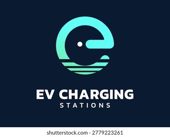 Electric vehicle charging with lines pattern overlapping in letter e cirlcle shapes logo vector illustration design concept. Letter E logo symbol for Electric Car, ui, clean energy, infographic.