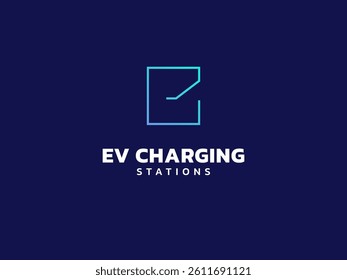 Electric vehicle charging with minimalist letter E square shapes logo vector design concept. Letter E logotype symbol for Electric Car, EV station, EV business, ui, website, clean energy, innovation.