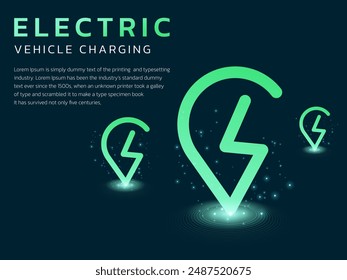 Vehículo eléctrico cargando con luz de neón EV Cargando puntos del mapa, pinpoints concepto de diseño de Vector. Diseño de la carga del EV para el coche eléctrico, estación del EV, ui, negocio, Web, infografía, tecnología, energía limpia.