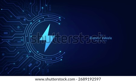 Electric vehicle charging on circuit board. EV charging and charging point design concept. Electric supply station. Electrical discharge effects. Vector illustration.