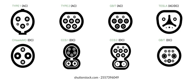Electric Vehicle Charging Port. Electric Vehicle Plug Types Collection. Vector Set Icon Illustration