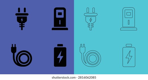 Electric vehicle charging set featuring plugs, charging stations, coiled cables, and battery symbols