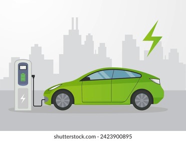 Electric Vehicle Charging Station against Cityscape - Stock Illustration  as EPS 10 File