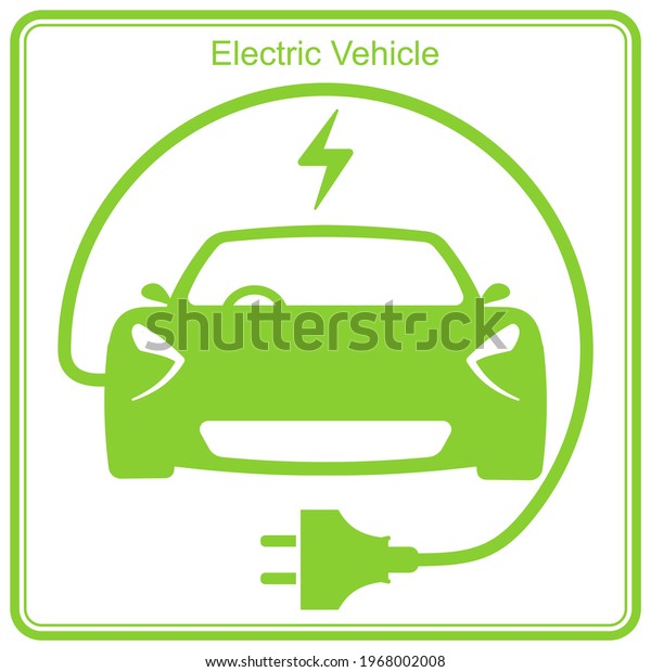 Electric Vehicle\
charging station, electric car with plug icon, EV car, white\
background, vector illustration\
