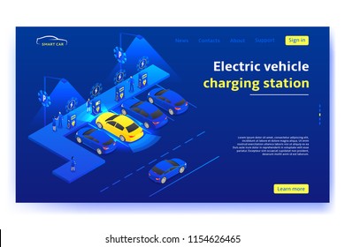 Electric vehicle charging station concept. Smart electric car charges on station in modern city. Isometric vector illustration.