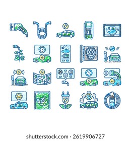 electric vehicle charging station doodle icons set vector. energy power, car battery, hybrid, green technology, auto recharge, cable automobile electric vehicle charging station sketch hand drawn