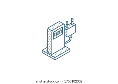 electric vehicle charging station, ecology isometric icon. 3d vector illustration. Isolated line art technical drawing. Editable stroke