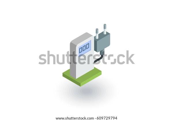 electric vehicle charging station, ecology\
isometric flat icon. 3d vector colorful illustration. Pictogram\
isolated on white\
background