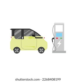 Electric vehicle at electric charging station. EV concept flat illustration.