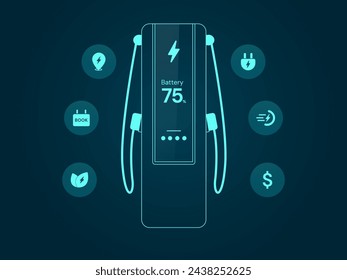 Estación de carga del vehículo eléctrico o interfaz digital del holograma del cargador del coche del EV con el concepto de diseño vectorial de los iconos del coche eléctrico. Vector de interfaz de carga EV para ui, web, negocios EV, infografía, anuncios.