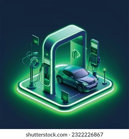 Electric vehicle charging station with green neon, isometric style