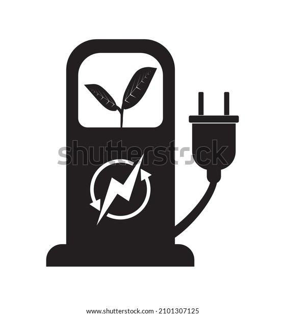 Electric vehicle charging station\
icon, renewable energy vector illustration on white\
background