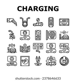 electric vehicle charging station icons set vector. energy power, car battery, hybrid, green technology, auto recharge, cable automobile electric vehicle charging station black contour illustrations