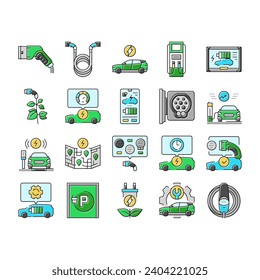 electric vehicle charging station icons set vector. energy power, car battery, hybrid, green technology, auto recharge, cable automobile electric vehicle charging station color line illustrations