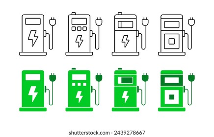 Electric vehicle charging station icons set. Clean carbon-free renewable energy fuel. Eco friendly battery supply power.