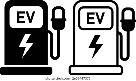 Electric Vehicle Charging Station Icons Black and White Illustrations for EV Infrastructure, Sustainable Transportation, and Green Energy Projects.