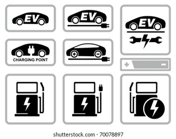 Electric Vehicle Charging Station Icons Set. All White Areas Are Cut Away From Icons And Black Areas Merged.