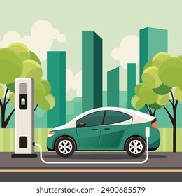 Electric vehicle charging station illustration. car charging renewable energy vector.