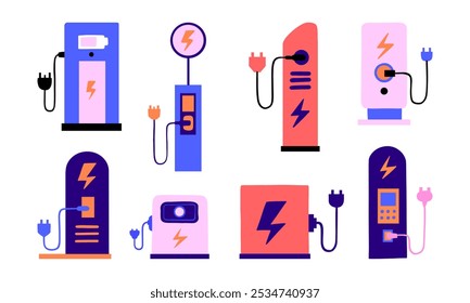 Ilustración de estación de carga de vehículos eléctricos. Ilustraciones de una estación de carga de vehículos eléctricos que muestran energía limpia. Perfecto para proyectos centrados en el transporte ecológico