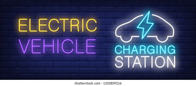 Electric vehicle charging station neon sign. Lightning and car silhouette on dark brick wall. Vector illustration in neon style for urban service or infrastructure