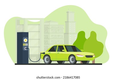 Electric vehicle charging at charging station on the background green city. EV charging point. The car gets power from the battery. Vector illustration Eps10.