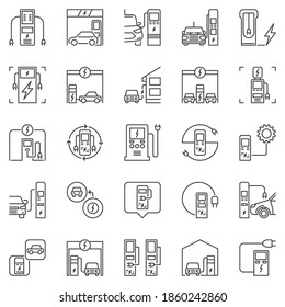 Electric Vehicle Charging Station outline concept icons set. Vector charge point and electric vehicles line symbols or design elements