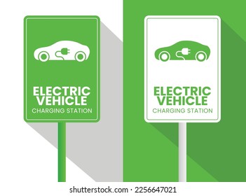 Electric Vehicle Charging Station Point Sign with Green and White Bicolor Display and Electric Vehicle Icon Shape.