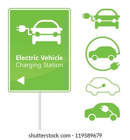 Electric Vehicle Charging Station road sign template with set of icons