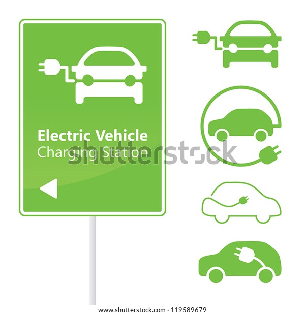 Electric Vehicle Charging Station road sign template with set of icons