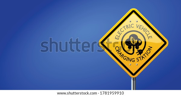 Electric vehicle charging station road sign\
on blue background.