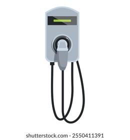 Electric vehicle charging station showing charging progress on display with hanging cable