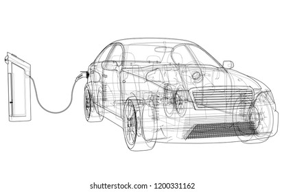 Electric Vehicle Charging Station Sketch. Vector rendering of 3d. Wire-frame style. The layers of visible and invisible lines are separated