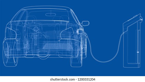 Electric Vehicle Charging Station Sketch. Vector rendering of 3d. Wire-frame style. The layers of visible and invisible lines are separated