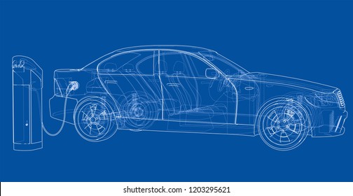 Electric Vehicle Charging Station Sketch. Vector rendering of 3d. Wire-frame style. The layers of visible and invisible lines are separated