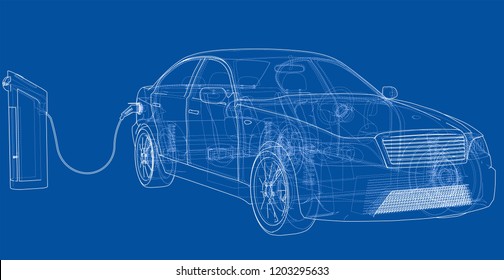 Electric Vehicle Charging Station Sketch. Vector rendering of 3d. Wire-frame style. The layers of visible and invisible lines are separated