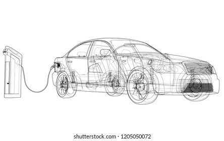 Electric Vehicle Charging Station Sketch. Vector rendering of 3d. Wire-frame style. The layers of visible and invisible lines are separated