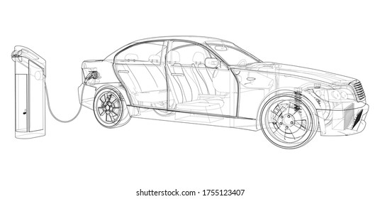 Electric Vehicle Charging Station Sketch. Vector rendering of 3d. Wire-frame style. The layers of visible and invisible lines are separated