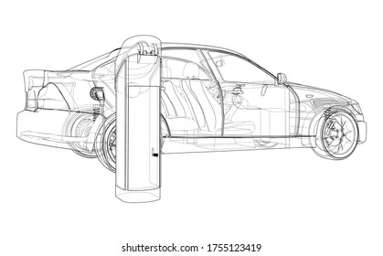 Electric Vehicle Charging Station Sketch. Vector rendering of 3d. Wire-frame style. The layers of visible and invisible lines are separated