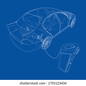 Electric Vehicle Charging Station Sketch. Vector rendering of 3d. Wire-frame style. The layers of visible and invisible lines are separated