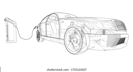 Electric Vehicle Charging Station Sketch. Vector rendering of 3d. Wire-frame style. The layers of visible and invisible lines are separated