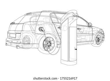 Electric Vehicle Charging Station Sketch. Vector rendering of 3d. Wire-frame style. The layers of visible and invisible lines are separated
