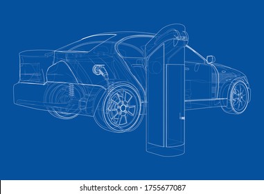 Electric Vehicle Charging Station Sketch. Vector rendering of 3d. Wire-frame style. The layers of visible and invisible lines are separated