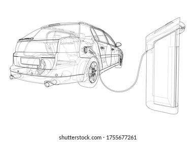 Electric Vehicle Charging Station Sketch. Vector rendering of 3d. Wire-frame style. The layers of visible and invisible lines are separated
