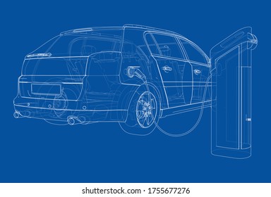 Electric Vehicle Charging Station Sketch. Vector rendering of 3d. Wire-frame style. The layers of visible and invisible lines are separated